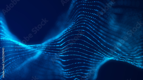 Music wave of particles. Big data visualization. Abstract blue background with a dynamic wave. 3d rendering.