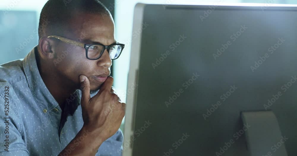 Tech, software and computer specialist thinking how to fix data glitch on media company ux. Cloud computing, web design or information technology worker focused on ui code on seo or fintech platform