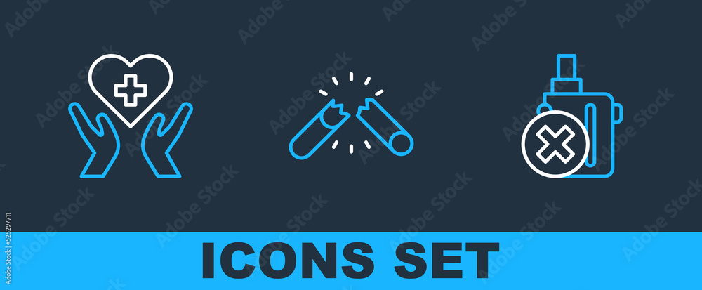 Set line No electronic cigarette, Heart with cross and Broken icon. Vector Set line No electronic cigarette, Heart with cross and Broken icon. Vector
