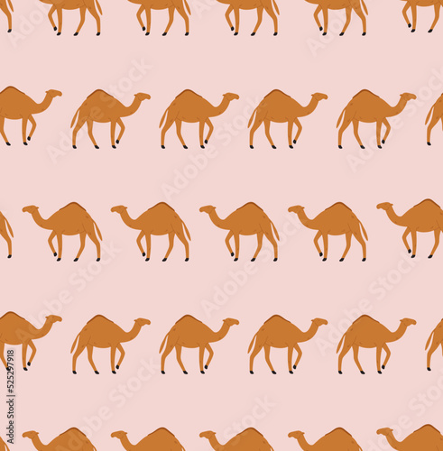 Seamless pattern of wild camel isolated on pink background. Desert animals  Sahara. Flat cartoon animal character.