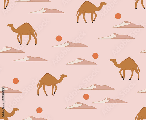 Seamless pattern of a wild camel with Dunes and sun, isolated on pink background. Desert animals, Sahara. Flat cartoon animal character.