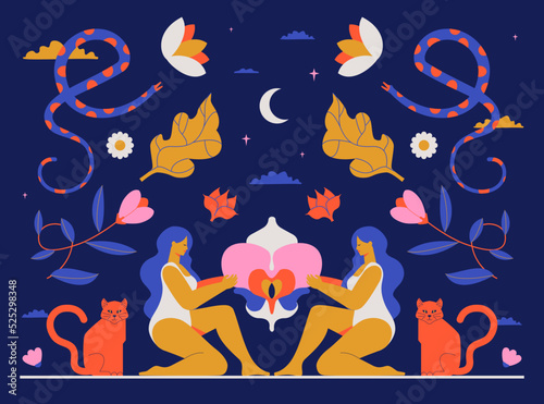 A mystical drawing of the interaction of two women and an orchid, a symbol of sacred femininity. Boho illustration with flowers, witches, moon, snakes, cats.