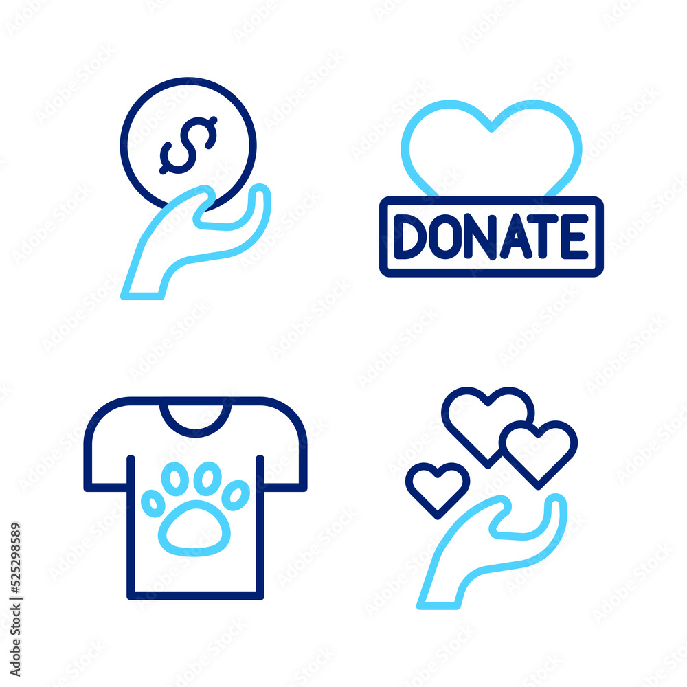 Set line Heart in hand, Animal volunteer, Donation charity and icon. Vector