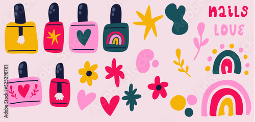 Set of trendy fashion colorful cute vector hand-drawn illustrations with nail polish and elements. Perfect for banner, patterns, social media, flyers, posters, greeting cards.