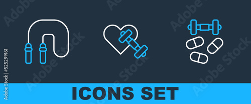 Set line Sports doping with dumbbell, Jump rope and Dumbbell heart icon. Vector