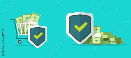 Money service safety icon vector shield or financial cash currency save insurance and protection, risk free and fraud guaranty sign, fund asset guard or monetary property investment defense image
