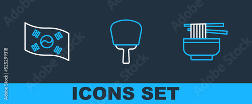 Set line Ramen, South Korea flag and Korean hand fan icon. Vector