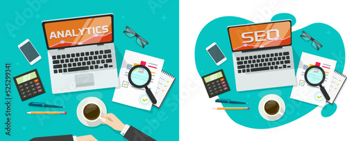 Seo specialist marketing working on laptop analyzing business strategy optimization of website flat graphic, audit research or digital internet search engine data in office workplace top view image