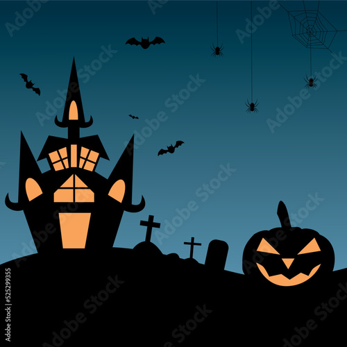 Halloween background with ghost house, bats, graves and jack o lantern