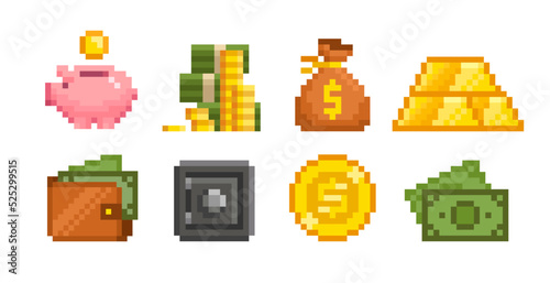 Budget or money saving concept with Pixel Art Piggy Bank and coins, vector icons set. Pixel wallet bills. Gold coin. Piggy Bank. Safe box. Gold bars. Pixel game money icons  in retro 80s - 90s style
