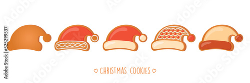 christmas cookies gingerbread set with different icing and sugar decoration santa hat