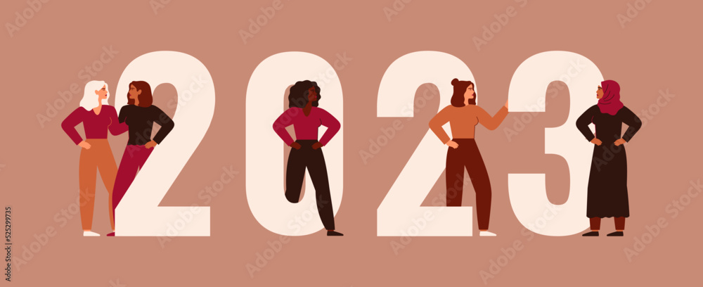Strong women stand together near 2023. Happy new year banner with girls of different nationalities and cultures. Concept of unity and female empowerment movement. Vector illustration
