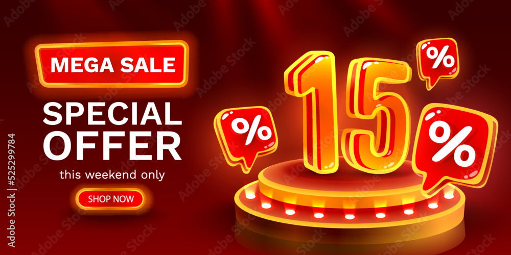 Mega sale special offer, Neon 15 off sale banner. Sign board promotion. Vector