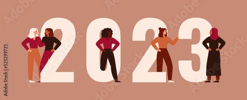 Strong women stand together near 2023. Happy new year banner with girls of different nationalities and cultures. Concept of unity and female empowerment movement. Vector illustration