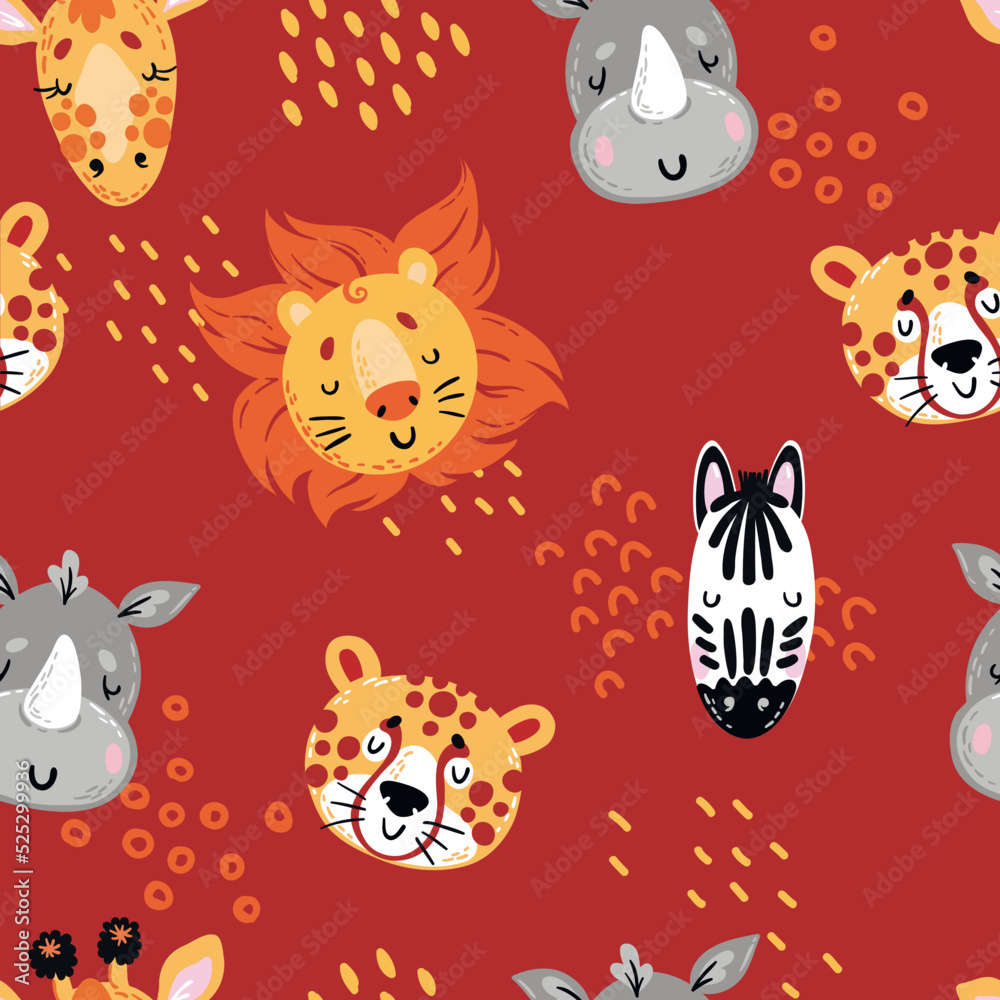 Seamless pattern with cute baby African animals in cartoon style. For children and nursery design. Lion, zebra, elephant, rhinos, hippo, cheetah and giraffe. Seamless pattern with cute baby African animals in cartoon style. For children and nursery design. Lion, zebra, elephant, rhinos, hippo, cheetah and giraffe.