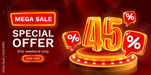 Mega sale special offer, Neon 45 off sale banner. Sign board promotion. Vector