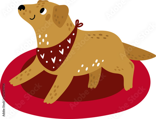 Cute golden retriever lying on red dog bed. Happy smiling pet