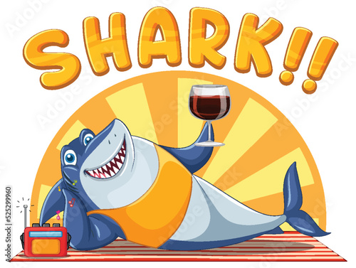 Shark cartoon character relaxing drinking wine
