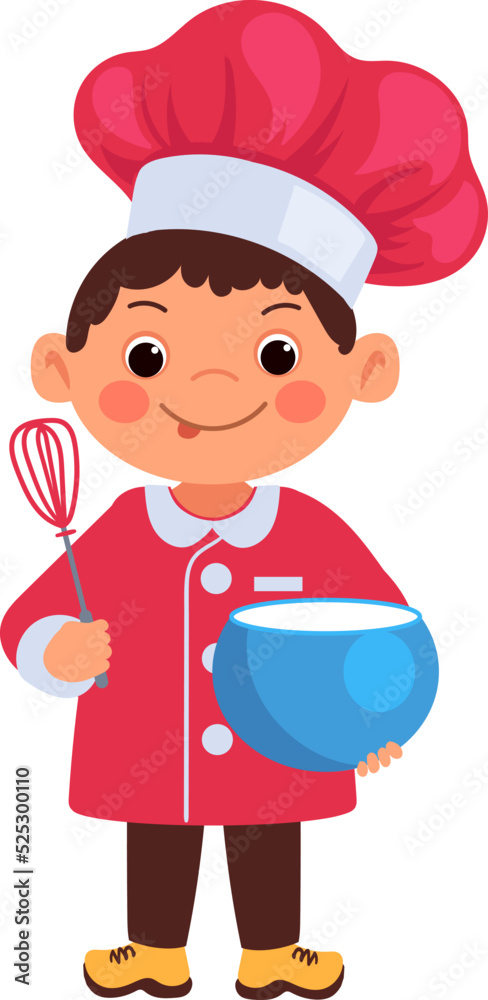 Kid cook with whisk and dough bowl. Cartoon boy Kid cook with whisk and dough bowl. Cartoon boy