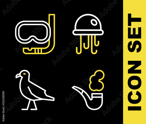 Set line Jellyfish, Smoking pipe, Bird seagull and Diving mask and snorkel icon. Vector