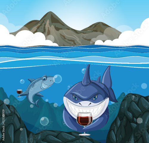 Shark cartoon character underwater scene