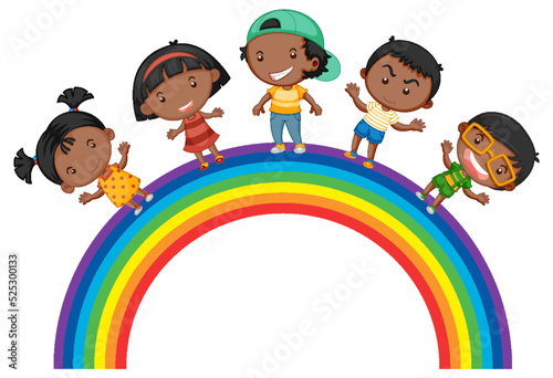 Children standing on rainbow together
