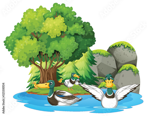 Happy duck group in nature scene