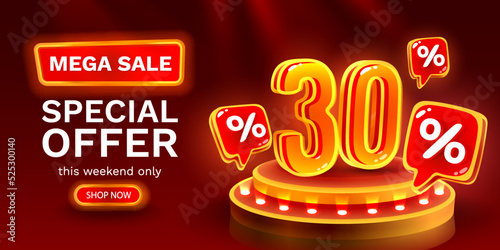 Mega sale special offer, Neon 30 off sale banner. Sign board promotion. Vector