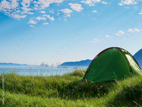 Seascape with tent on beach  Lofoten Norway