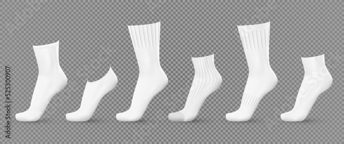 Realistic white socks. 3D blank classic cotton foot clothes mockup. Sport elastic golfs and footprints. Long and middle. Modern fashion. Isolated footwear clothing. Decent vector set