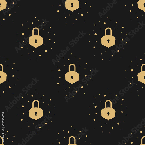 Magic vintage locks with stars seamless ornament. Vector retro golden pattern on black. Catch luck, tint, hint concept. Mystery or clue wallpaper. Fairytale, fantasy wonderland background