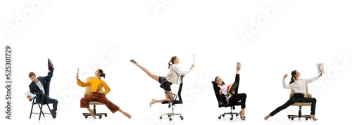 Emotional office workers in casual and business clothes with folders  coffee  tablet isolated on white background. Ballet dancers. Creative collage.