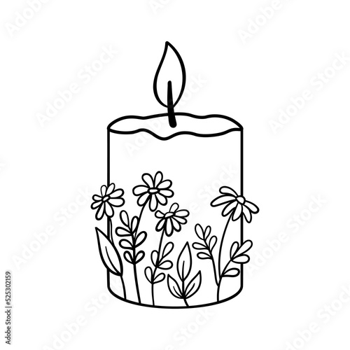 Candle with flowers hand drawn. Vector burning candle sketch isolated on white background for coloring book