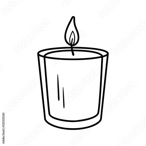 Candle sketch in glass. Vector burning candle doodle isolated on white background