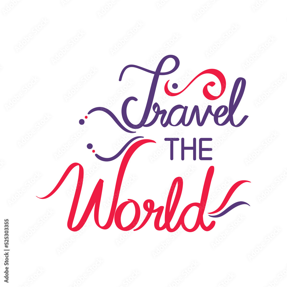 Red And Purple Calligraphy Travel The World Font Text Over White Background.