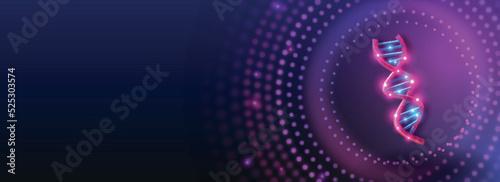 3D Rendering Of Shiny DNA Structure And Copy Space On Circular Dotted Blue Background.