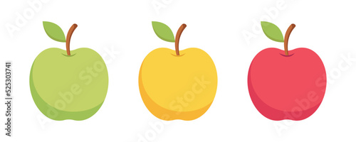 Set of apple icons. Flat vector illustration of green, red and yellow apple on white background.