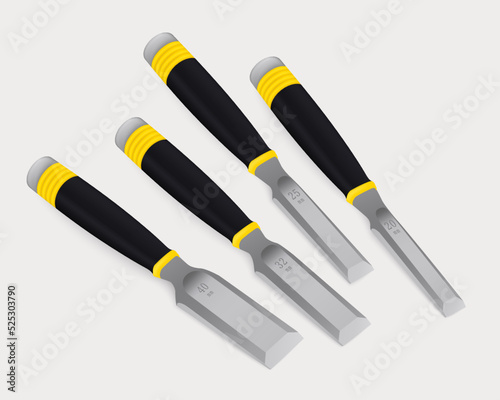 Wood Chisel Set. Wood Working Tool for Carpenters. Closeup Isolated on White