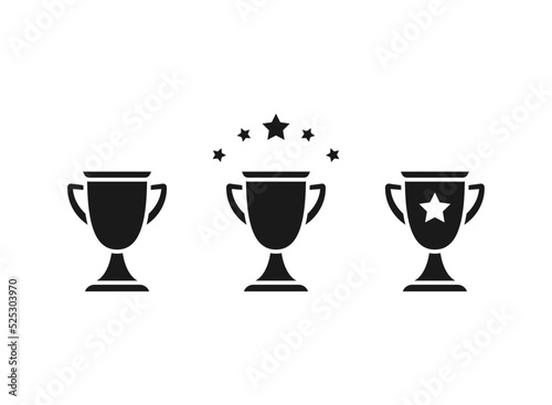 Trophy, winning cup with star. Icons set isolated on white background. First place, award bowl.