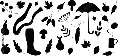 black silhouette autumn items set isolated, vector