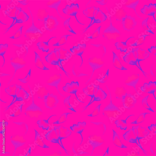 Floral seamless pattern with gimkgo leaves on bright pink background. Hand drawn digital paper with purple ginkgo leaves. Abstract foliage pattern background.