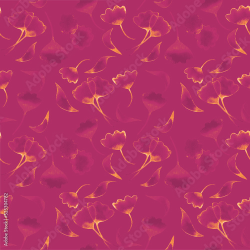 Floral seamless pattern with gimkgo leaves on burgundy background. Hand drawn digital paper with yellow ginkgo leaves. Abstract foliage pattern background.