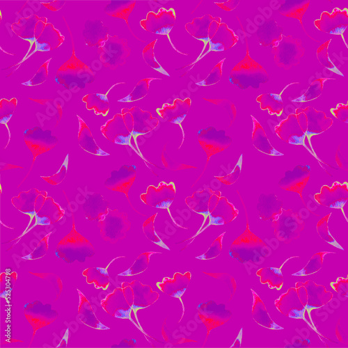 Floral seamless pattern with gimkgo leaves on purple background. Hand drawn digital paper with red and blue ginkgo leaves. Abstract foliage pattern background.