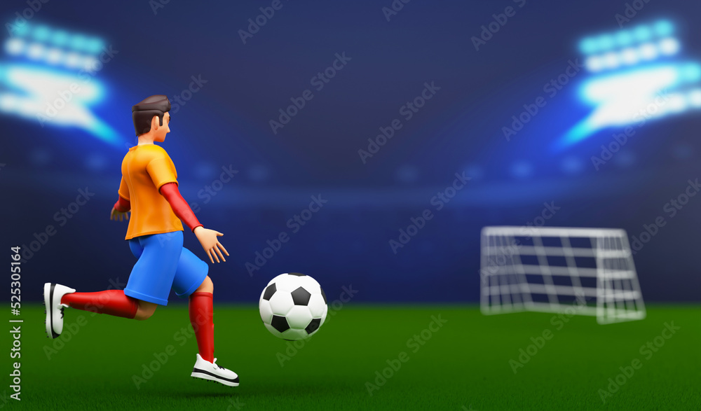 3D Render Of Footballer Kicking The Ball On Blue And Green Stadium Background.