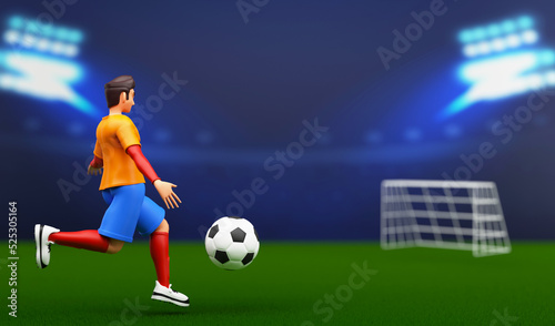 3D Render Of Footballer Kicking The Ball On Blue And Green Stadium Background.