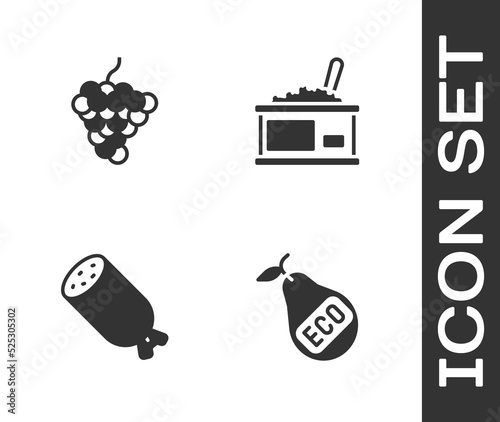 Set Healthy organic pear, Grape fruit, Salami sausage and Tin can with caviar icon. Vector