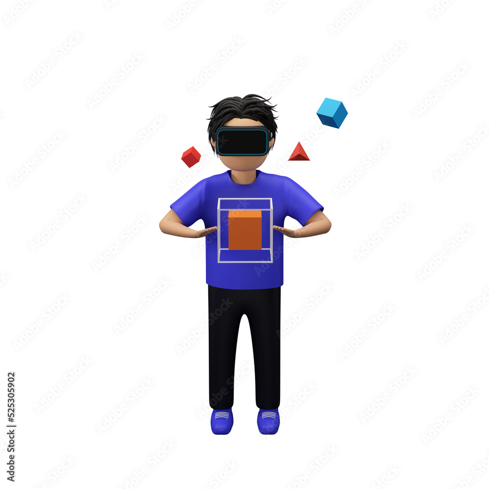 3D Rendering Of Young Man Imaginary Holded Geometric Elements Through VR Box On White Background.