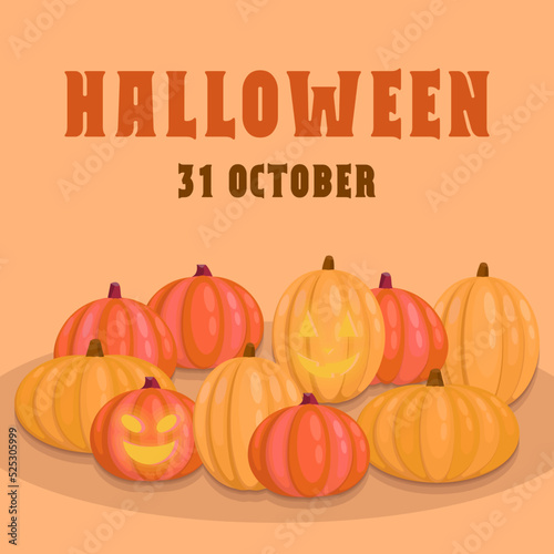 Happy Halloween card background. Promo post template design, set pumpkins for Helloween holiday party. 31 october. Childish colored flat vector illustration