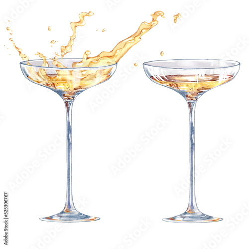 Festive wine glasses with splashes of champagne. Isolated on white. Wedding Set