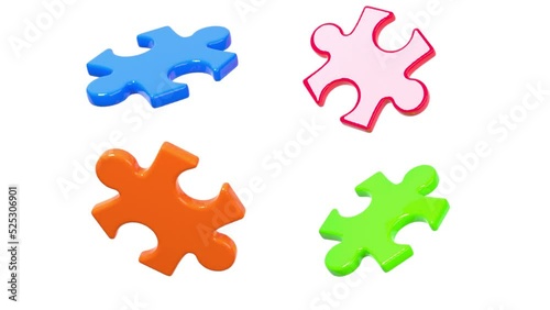 Jigsaw puzzle color bits four joined flying apart vanishing over white, 3d animation
